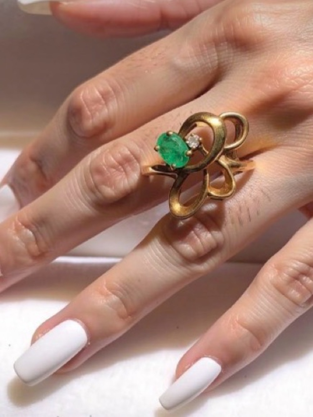 10k Emerald Diamond Yellow Gold Swirl Ring Estate